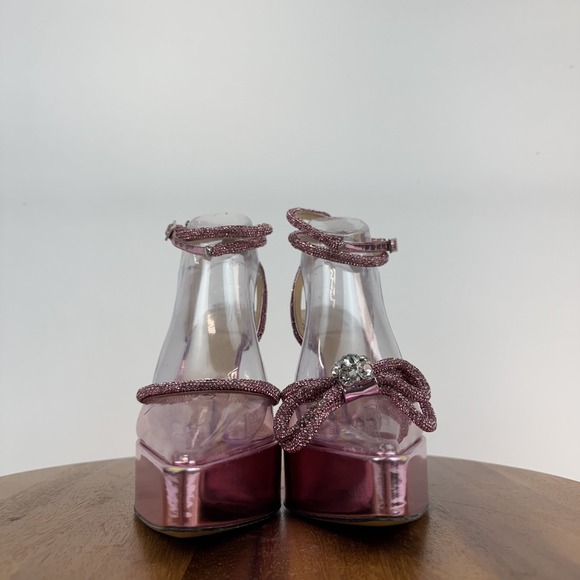 Womens Mach & Mach Double Bow Pink Rhinestone Clear Platform Pumps Size 38.5 AUC - Picture 3 of 12
